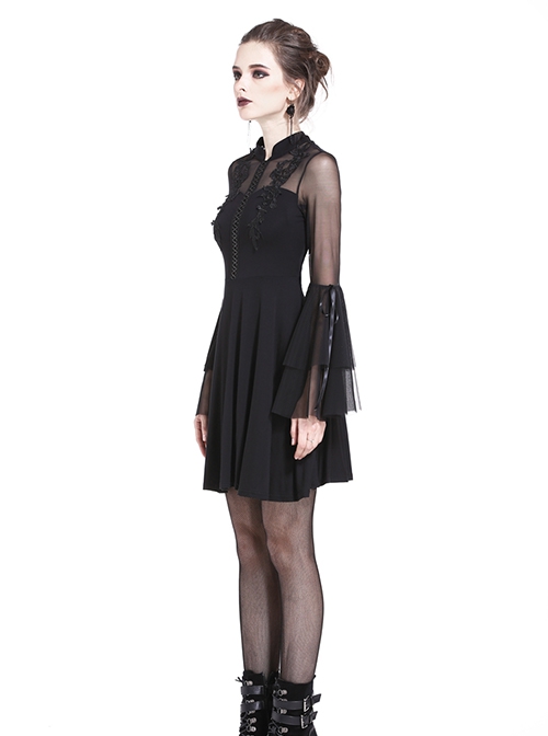 Gothic Style Stand Collar Design Lace Embroidery Mesh Trumpet Sleeves Backless Elegant Black Short Dress