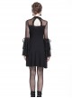 Gothic Style Stand Collar Design Lace Embroidery Mesh Trumpet Sleeves Backless Elegant Black Short Dress