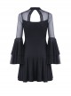 Gothic Style Stand Collar Design Lace Embroidery Mesh Trumpet Sleeves Backless Elegant Black Short Dress