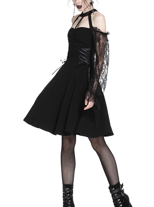 Gothic Style Sexy Halterneck Straps Off Shoulder Lace Mesh Long Sleeve Waist Ribbon Design Black Short Dress