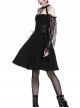 Gothic Style Sexy Halterneck Straps Off Shoulder Lace Mesh Long Sleeve Waist Ribbon Design Black Short Dress