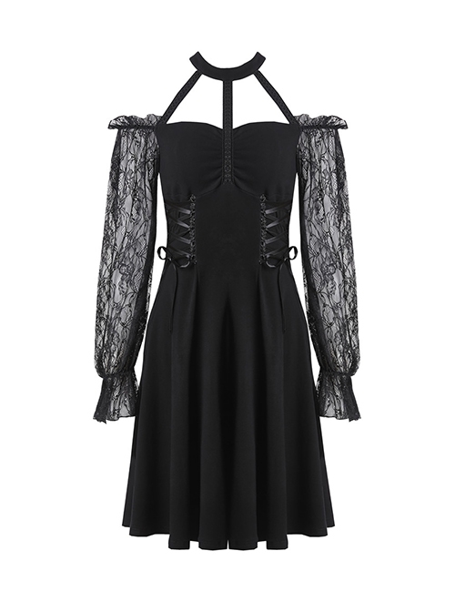 Gothic Style Sexy Halterneck Straps Off Shoulder Lace Mesh Long Sleeve Waist Ribbon Design Black Short Dress