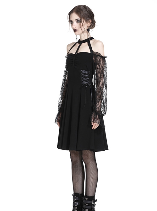 Gothic Style Sexy Halterneck Straps Off Shoulder Lace Mesh Long Sleeve Waist Ribbon Design Black Short Dress