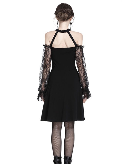 Gothic Style Sexy Halterneck Straps Off Shoulder Lace Mesh Long Sleeve Waist Ribbon Design Black Short Dress