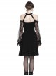 Gothic Style Sexy Halterneck Straps Off Shoulder Lace Mesh Long Sleeve Waist Ribbon Design Black Short Dress