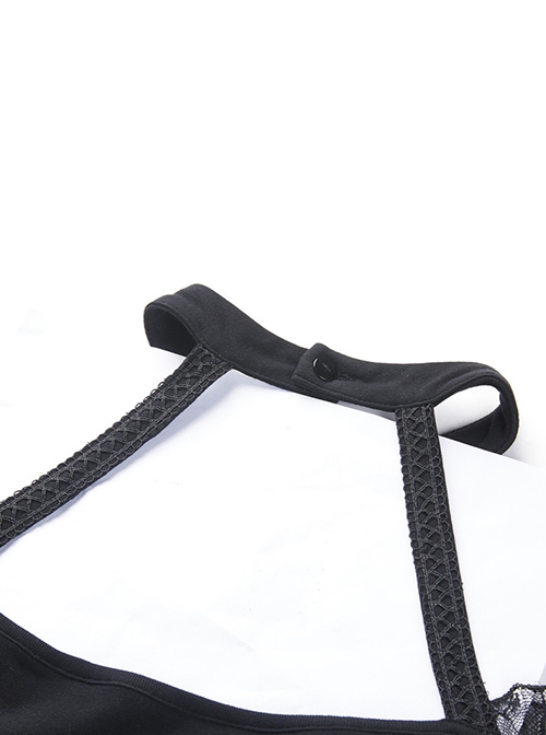 Gothic Style Sexy Halterneck Straps Off Shoulder Lace Mesh Long Sleeve Waist Ribbon Design Black Short Dress