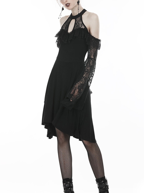 Gothic Style Elegant Sexy Halter Neck Lace Long Trumpet Sleeves Short Front Long Back Design Black Dress