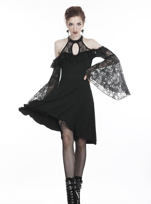 Gothic Style Elegant Sexy Halter Neck Lace Long Trumpet Sleeves Short Front Long Back Design Black Dress