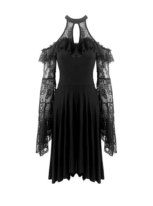 Gothic Style Elegant Sexy Halter Neck Lace Long Trumpet Sleeves Short Front Long Back Design Black Dress