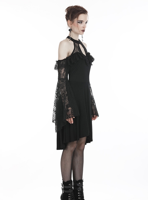 Gothic Style Elegant Sexy Halter Neck Lace Long Trumpet Sleeves Short Front Long Back Design Black Dress