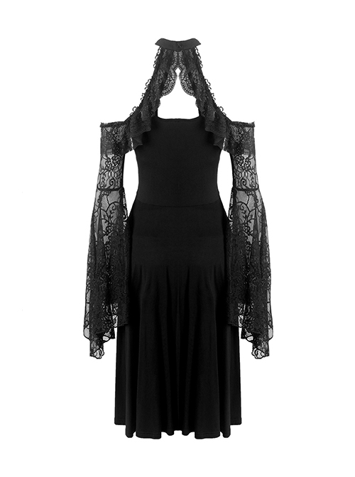 Gothic Style Elegant Sexy Halter Neck Lace Long Trumpet Sleeves Short Front Long Back Design Black Dress