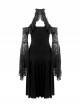 Gothic Style Elegant Sexy Halter Neck Lace Long Trumpet Sleeves Short Front Long Back Design Black Dress