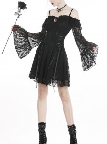 Gothic Style Lace Waist Drawstring Chest Hollow Long Bell Sleeve Black Sexy Suspender Short Dress