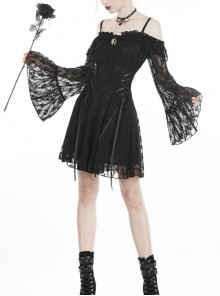 Gothic Style Lace Waist Drawstring Chest Hollow Long Trumpet Sleeves Black Sexy Suspender Short Dress