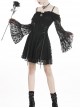 Gothic Style Lace Waist Drawstring Chest Hollow Long Trumpet Sleeves Black Sexy Suspender Short Dress