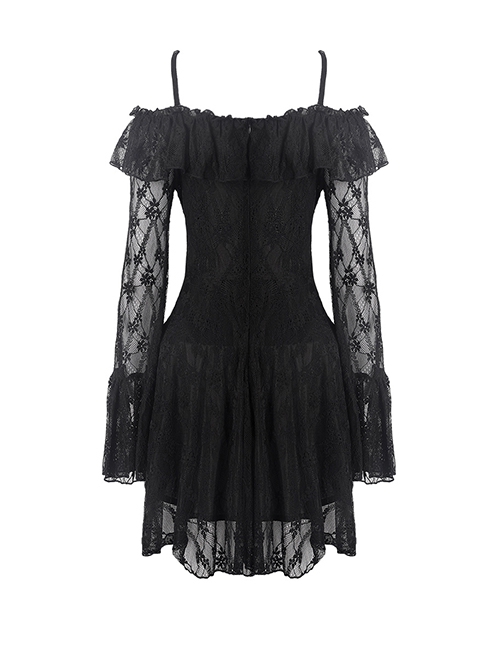 Gothic Style Lace Waist Drawstring Chest Hollow Long Trumpet Sleeves Black Sexy Suspender Short Dress