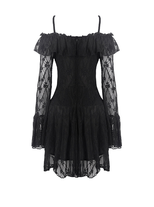 Gothic Style Lace Waist Drawstring Chest Hollow Long Trumpet Sleeves Black Sexy Suspender Short Dress