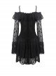 Gothic Style Lace Waist Drawstring Chest Hollow Long Trumpet Sleeves Black Sexy Suspender Short Dress