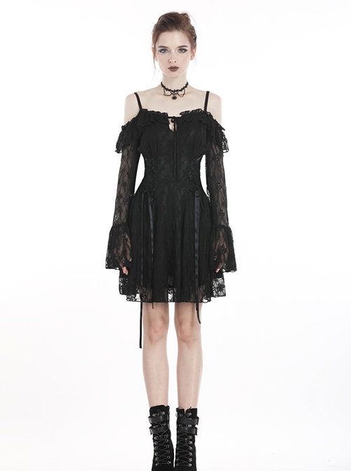 Gothic Style Lace Waist Drawstring Chest Hollow Long Trumpet Sleeves Black Sexy Suspender Short Dress