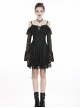 Gothic Style Lace Waist Drawstring Chest Hollow Long Trumpet Sleeves Black Sexy Suspender Short Dress