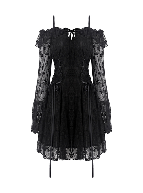 Gothic Style Lace Waist Drawstring Chest Hollow Long Trumpet Sleeves Black Sexy Suspender Short Dress