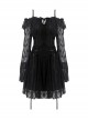 Gothic Style Lace Waist Drawstring Chest Hollow Long Trumpet Sleeves Black Sexy Suspender Short Dress