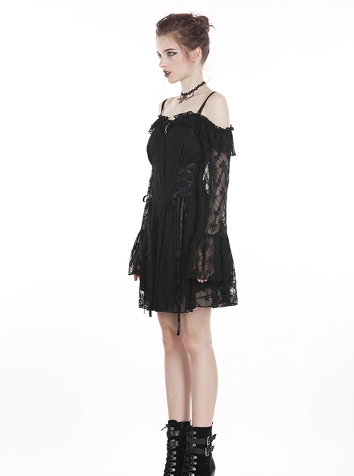 Gothic Style Lace Waist Drawstring Chest Hollow Long Trumpet Sleeves Black Sexy Suspender Short Dress