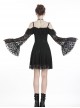 Gothic Style Lace Waist Drawstring Chest Hollow Long Trumpet Sleeves Black Sexy Suspender Short Dress