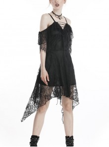 Gothic Style Sexy Hollow On The Chest Lace Half Sleeves Fringed Hem Black Suspender Short Dress