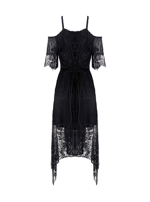 Gothic Style Sexy Hollow On The Chest Lace Half Sleeves Fringed Hem Black Suspender Short Dress