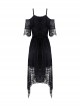 Gothic Style Sexy Hollow On The Chest Lace Half Sleeves Fringed Hem Black Suspender Short Dress