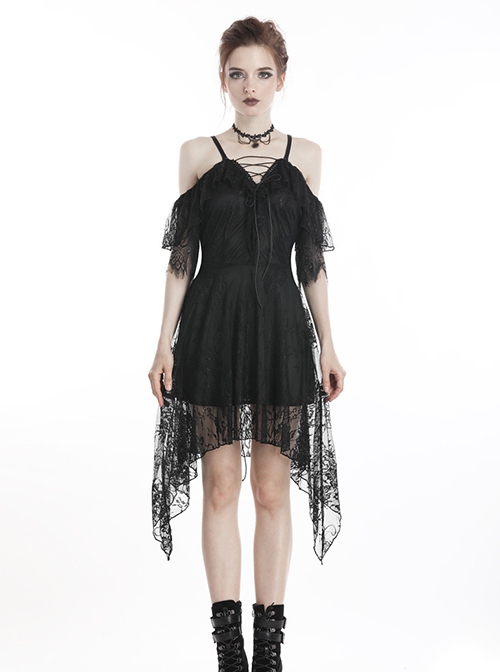 Gothic Style Sexy Hollow On The Chest Lace Half Sleeves Fringed Hem Black Suspender Short Dress