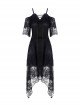 Gothic Style Sexy Hollow On The Chest Lace Half Sleeves Fringed Hem Black Suspender Short Dress
