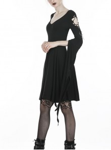 Punk Style Arm Hollow Silver Pendant Decorated Black Witch Slim Fit Slit Swallow Tail Long Sleeve Short Dress