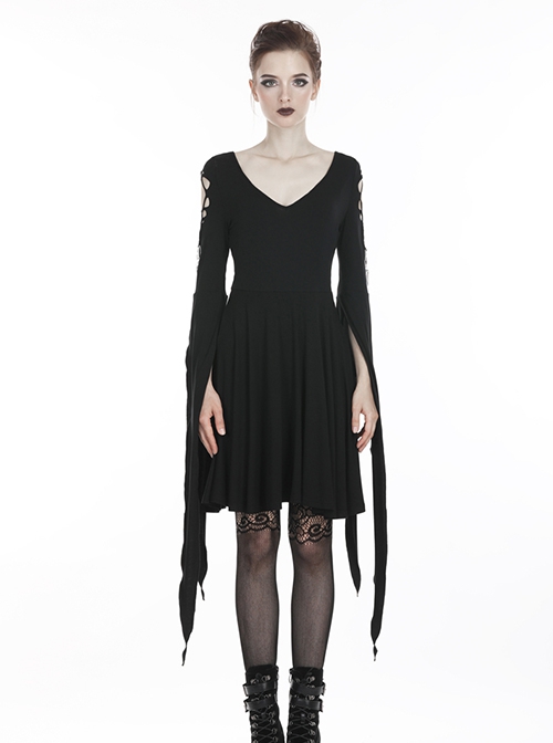 Punk Style Arm Hollow Silver Pendant Decorated Black Witch Slim Fit Slit Swallow Tail Long Sleeve Short Dress