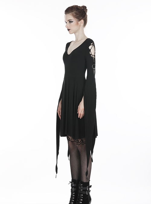 Punk Style Arm Hollow Silver Pendant Decorated Black Witch Slim Fit Slit Swallow Tail Long Sleeve Short Dress