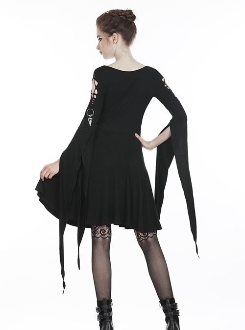 Punk Style Arm Hollow Silver Pendant Decorated Black Witch Slim Fit Slit Swallow Tail Long Sleeve Short Dress