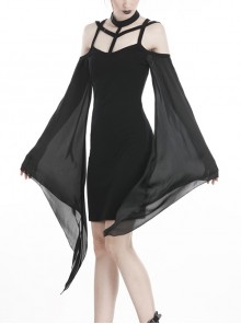Gothic Style Dark Elegant Halter Neck Strapless Sexy Witch Black Mesh Long Bell Sleeve Slim Short Dress