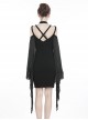 Gothic Style Dark Elegant Halter Neck Strapless Sexy Witch Black Mesh Long Trumpet Sleeves Slim Short Dress