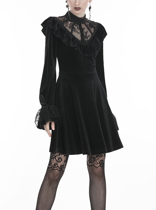 Gothic Style Retro Palace Stand Collar Lace Embroidery Splicing Elegant Velvet Black Slim Short Dress