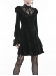 Gothic Style Retro Palace Stand Collar Lace Embroidery Splicing Elegant Velvet Black Slim Short Dress