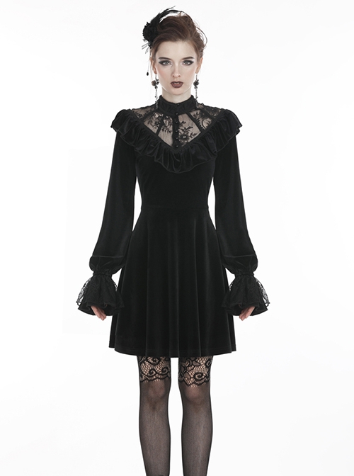 Gothic Style Retro Palace Stand Collar Lace Embroidery Splicing Elegant Velvet Black Slim Short Dress