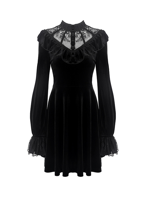 Gothic Style Retro Palace Stand Collar Lace Embroidery Splicing Elegant Velvet Black Slim Short Dress
