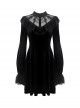 Gothic Style Retro Palace Stand Collar Lace Embroidery Splicing Elegant Velvet Black Slim Short Dress