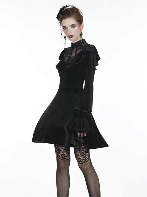 Gothic Style Retro Palace Stand Collar Lace Embroidery Splicing Elegant Velvet Black Slim Short Dress