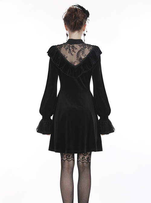 Gothic Style Retro Palace Stand Collar Lace Embroidery Splicing Elegant Velvet Black Slim Short Dress