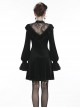 Gothic Style Retro Palace Stand Collar Lace Embroidery Splicing Elegant Velvet Black Slim Short Dress