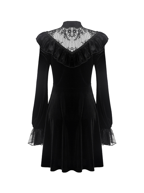 Gothic Style Retro Palace Stand Collar Lace Embroidery Splicing Elegant Velvet Black Slim Short Dress