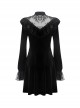 Gothic Style Retro Palace Stand Collar Lace Embroidery Splicing Elegant Velvet Black Slim Short Dress