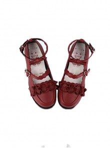 Merulu Series Versatile Lace Ruffles Bowknot Heart Metal Buckle Sweet Lolita Cute Round Toe Mary Jane Leather Shoes